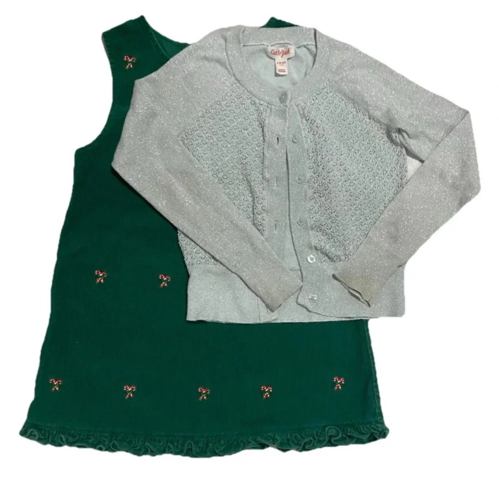 Cat & Jack Girls Size 6 Cardigan & Rare Too Candy Cane Dress Bundle